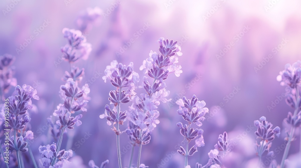 A close-up of lavender flowers in a field, sun illuminating leaves and blooms through foreground A close-up of lavender flowers in a field, sun illuminating leaves and blooms through foreground