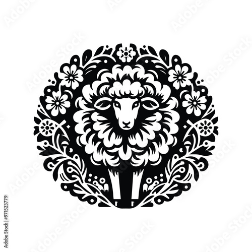 Wallpaper Mural sheep in folk art black and white silhouette illustration Torontodigital.ca