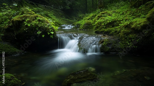  In a forest, discover a diminutive waterfall Rocks are adorned with lush moss, while water gently runs over them