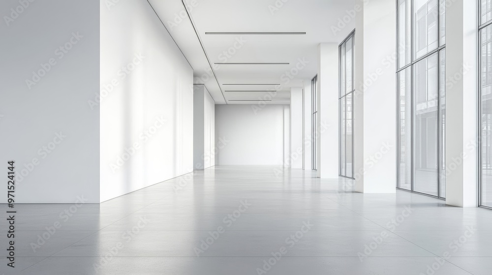 Fototapeta premium Minimalist White Hallway with Large Windows, White Walls, Grey Floor and a Modern Ceiling, Minimalist Interior, Architecture, Design