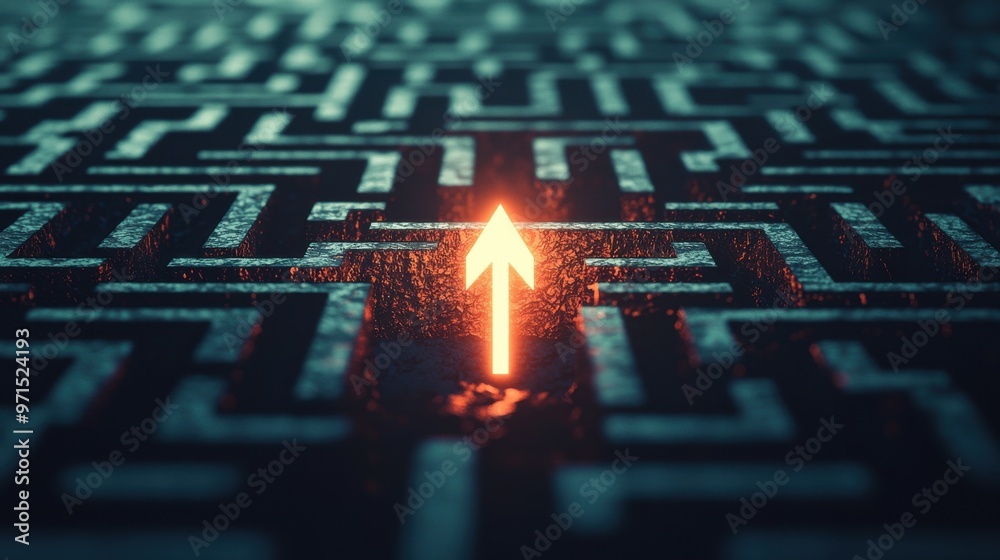 A maze of interconnected pathways with a glowing arrow leading through it, navigating through risks and finding the right direction in complex situations