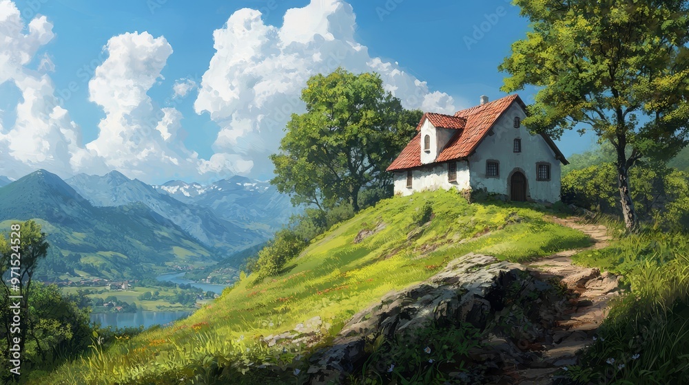 A painting of a house atop a hill, framing mountains and a distant body of water A painting of a house atop a hill, framing mountains and a distant body of water