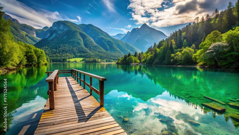 Serene wooden pier stretching into calm turquoise water, surrounded by lush greenery and majestic mountains, conveying a sense of tranquility and natural beauty. Serene wooden pier stretching into calm turquoise water, surrounded by lush greenery and majestic mountains, conveying a sense of tranquility and natural beauty.