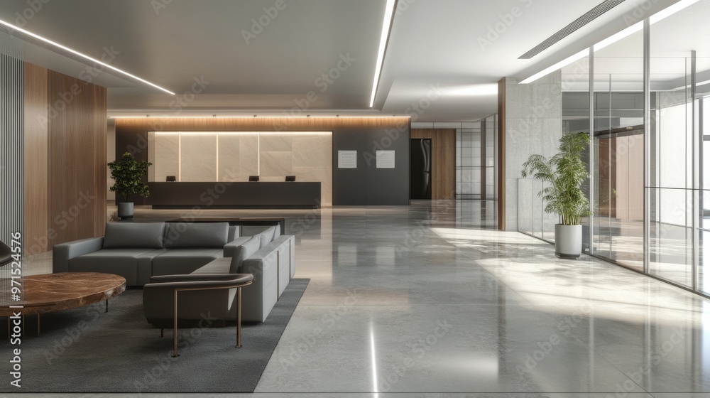Modern Lobby Interior Design with Grey Sofa and Wooden Reception Desk, 3D Rendering, Interior Design, Lobby Design, Office Design Modern Lobby Interior Design with Grey Sofa and Wooden Reception Desk, 3D Rendering, Interior Design, Lobby Design, Office Design