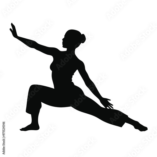 a woman in a yoga pose. She is in a side lunge position with her left arm extended upwards and her right arm bent at the elbow 