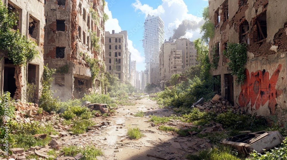 A dilapidated city street filled with debris and trees lining one side, buildings standing tall on the other A dilapidated city street filled with debris and trees lining one side, buildings standing tall on the other