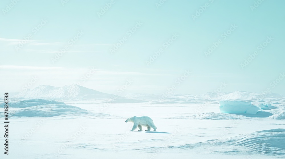 Fototapeta premium A lone polar bear walking across a vast snowy landscape with mountains in the background.