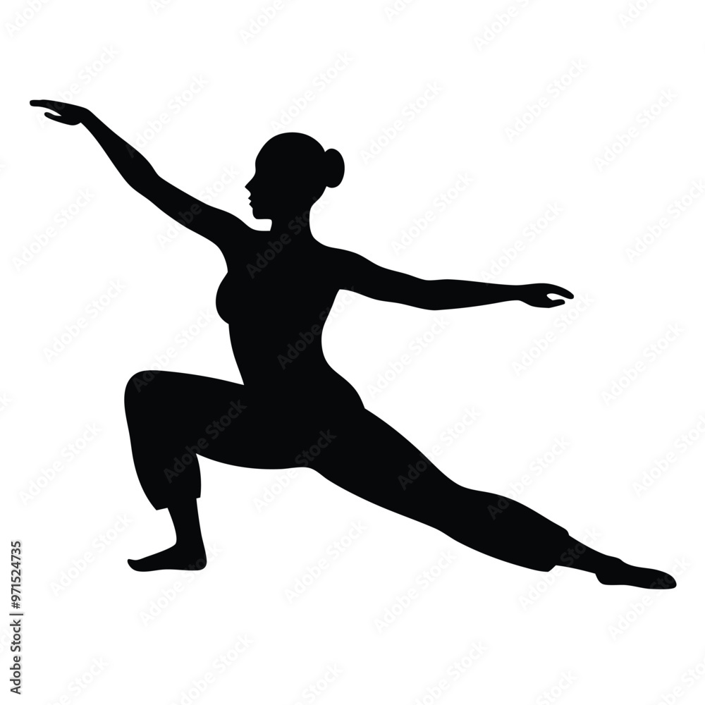 a woman in a yoga pose. She is in a side lunge position with her left arm extended upwards and her right arm bent at the elbow a woman in a yoga pose. She is in a side lunge position with her left arm extended upwards and her right arm bent at the elbow