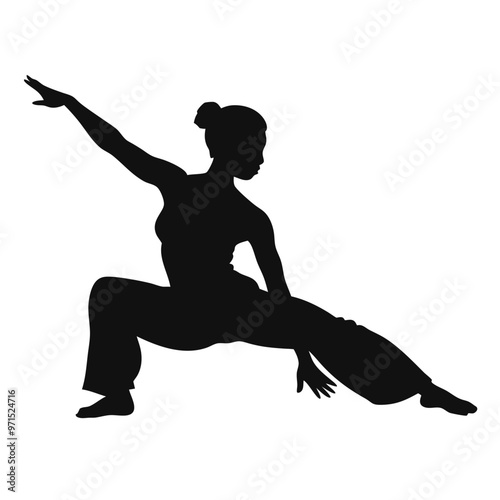 a woman in a yoga pose. She is in a side lunge position with her left arm extended upwards and her right arm bent at the elbow 