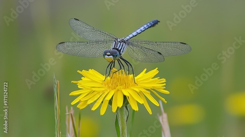  A blue dragonfly rests atop a dandelion amidst a field of green and yellow wildflowers