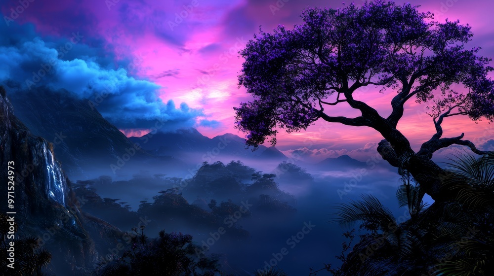 A purple-blue sky with a tree in the foreground, a mountain in the distance, and clouds in the background A purple-blue sky with a tree in the foreground, a mountain in the distance, and clouds in the background