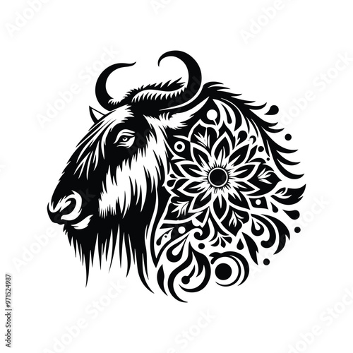 Wallpaper Mural Wildebeest in folk art black and white silhouette illustration Torontodigital.ca