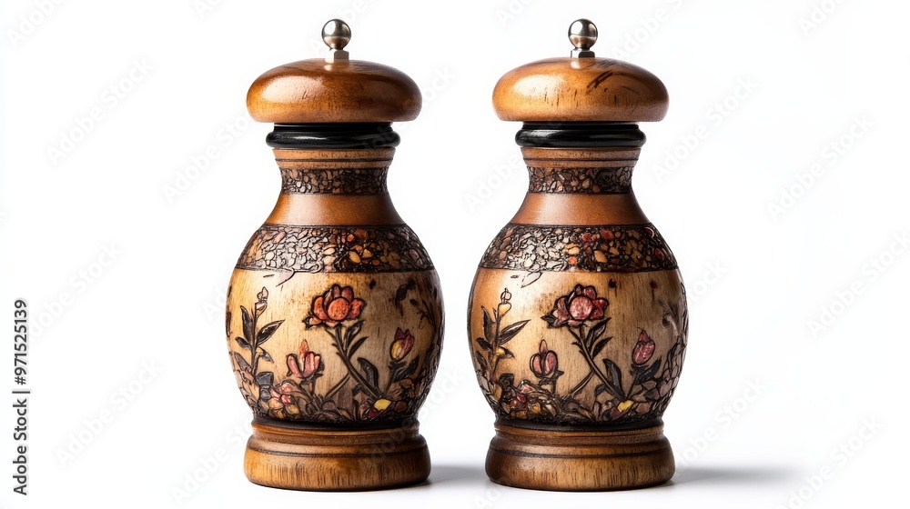 Ornate Wooden Pepper Grinders with Floral Carving, White Background, Two Objects, Kitchen, Salt, Spice, Grinder Ornate Wooden Pepper Grinders with Floral Carving, White Background, Two Objects, Kitchen, Salt, Spice, Grinder