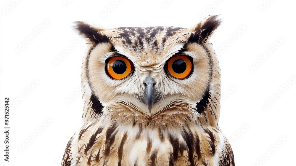 Owl Portrait with Orange Eyes, White Background, Close-up, Feathers, Bird, Wildlife, Nature