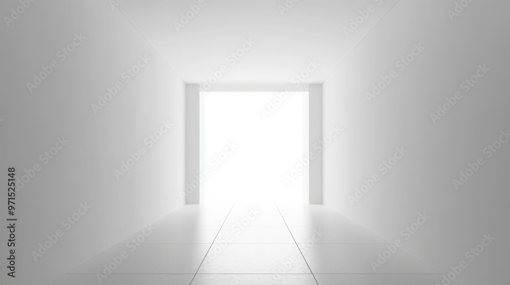 Perspective View of a White Room with a Bright Light at the End of a Hallway, 3D Render, Minimalist Architecture, White Room, Hallway, Light, Bright