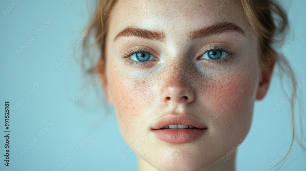 Close-up Portrait of a Woman with Freckles and Blue Eyes Close-up Portrait of a Woman with Freckles and Blue Eyes