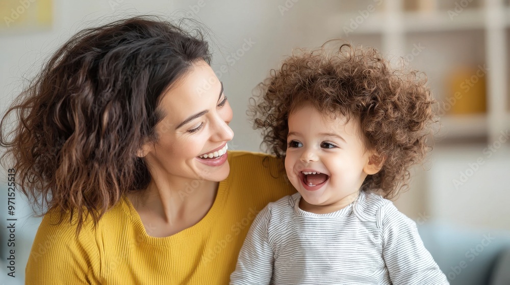 A mother plays with her young child in the living room, their laughter filling the space with joy. The bright, colorful room reflects their happiness and positive connection A mother plays with her young child in the living room, their laughter filling the space with joy. The bright, colorful room reflects their happiness and positive connection