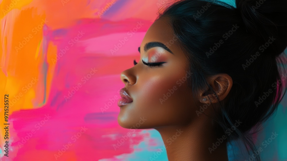 Close-up Portrait of a Woman with Eyes Closed Against a Colorful Background Close-up Portrait of a Woman with Eyes Closed Against a Colorful Background
