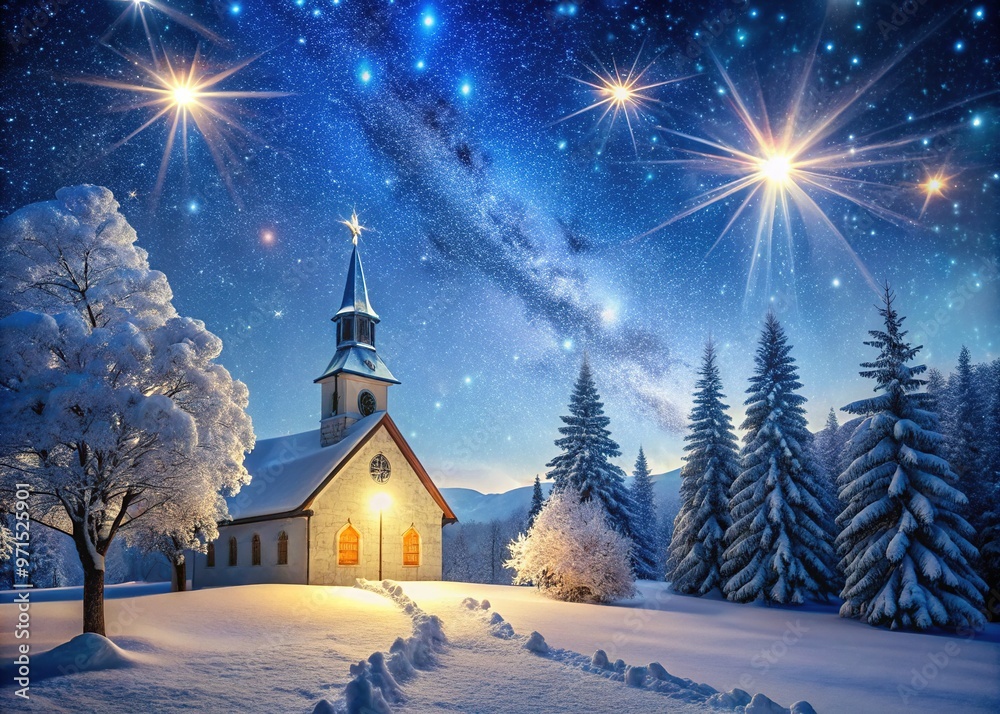 Sparkling snowflakes fall gently on a serene winter wonderland scene, with a majestic snowy-laden church steeple shining brightly under a radiant starry night sky. Sparkling snowflakes fall gently on a serene winter wonderland scene, with a majestic snowy-laden church steeple shining brightly under a radiant starry night sky.