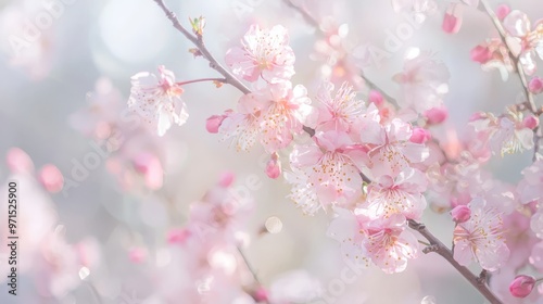  A branch of a tree, tightly framed, blooms with pink flowers in the foreground Behind, a vast expanse of blue sky unfolds