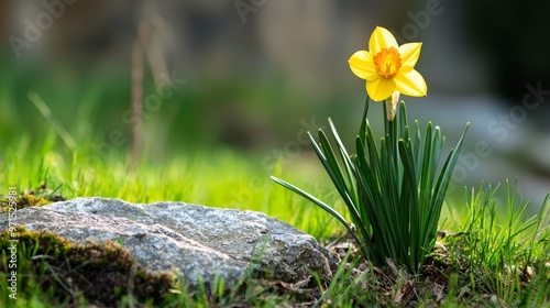  A solitary yellow daffodil atop a rock amidst a sea of green grass and adjacent boulder