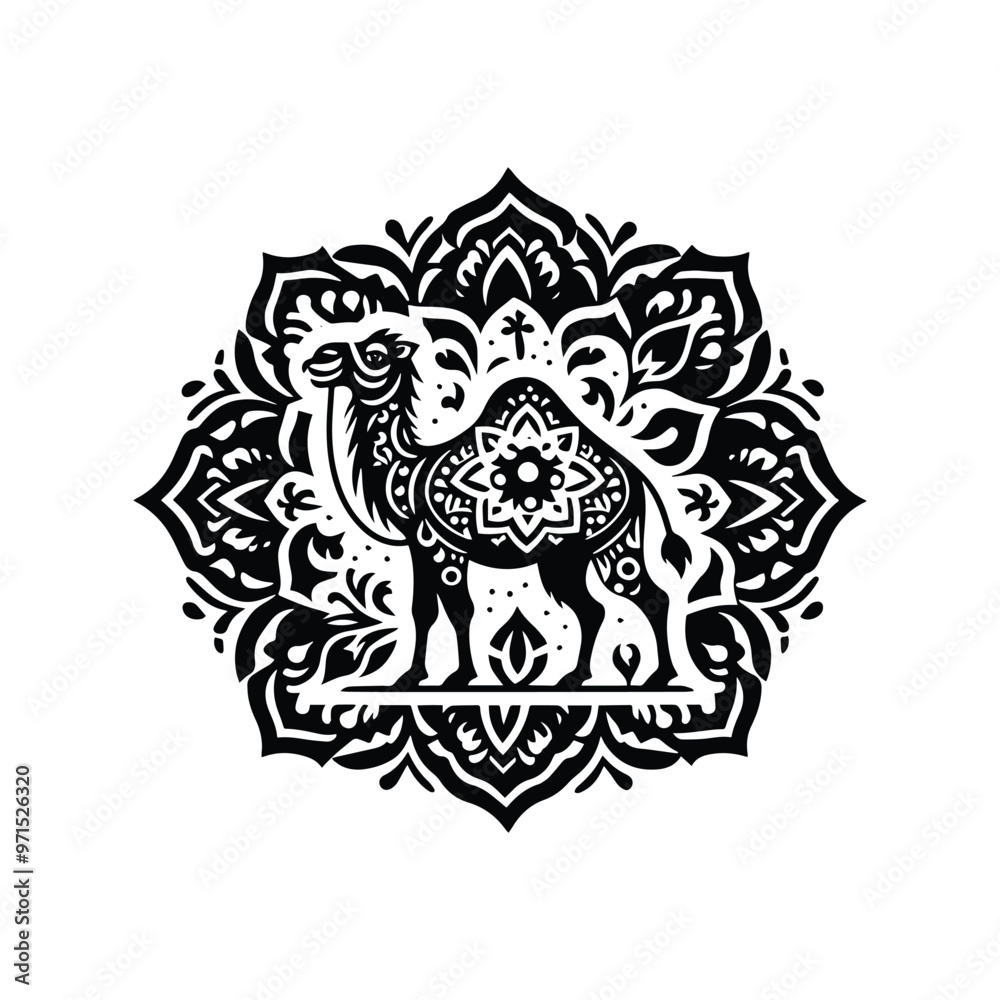 Camel in folk art black and white silhouette illustration Camel in folk art black and white silhouette illustration