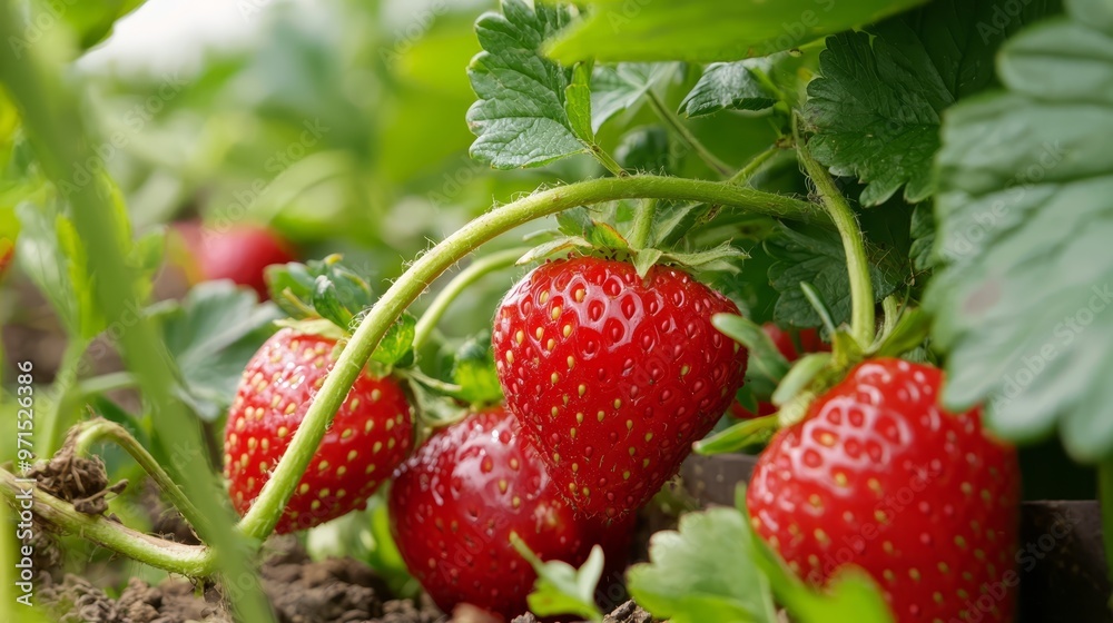 A tight shot of strawberry plant's red fruits against green foliage and dirt in the garden foreground A tight shot of strawberry plant's red fruits against green foliage and dirt in the garden foreground