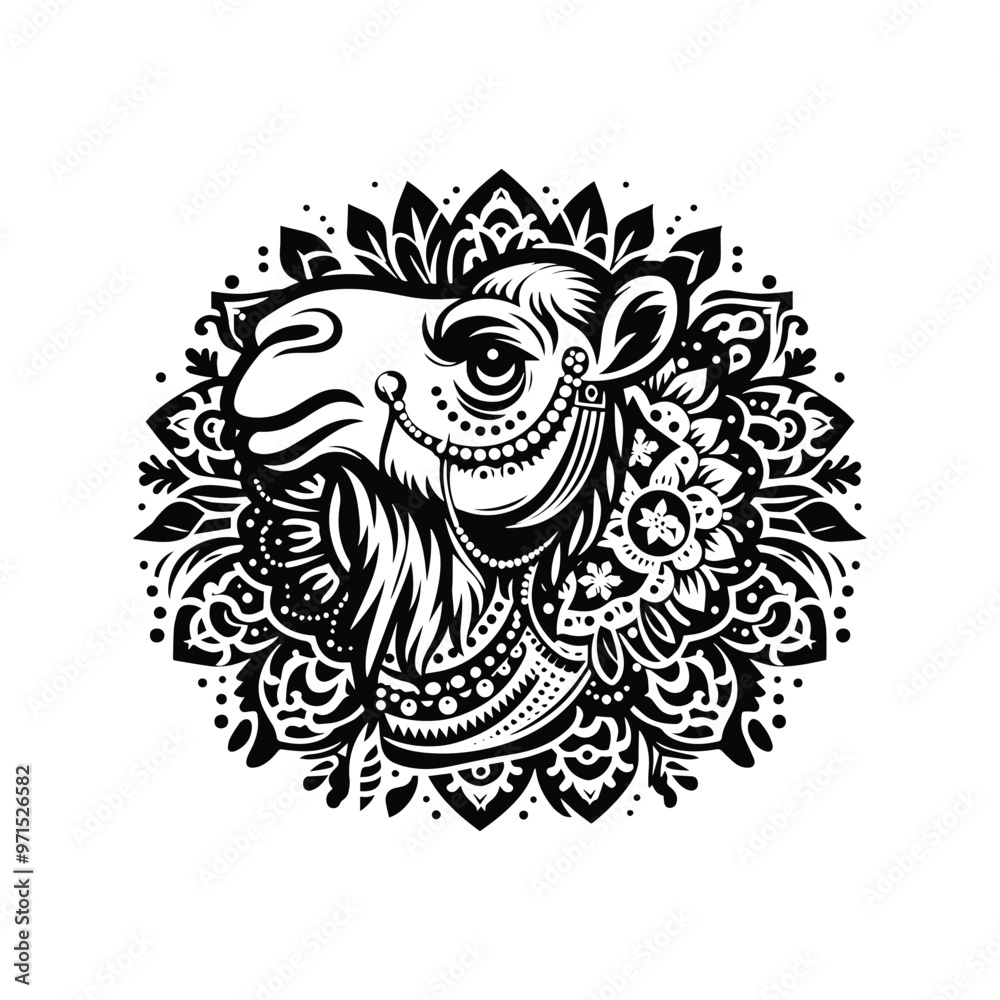 Obraz premium Camel in folk art black and white silhouette illustration