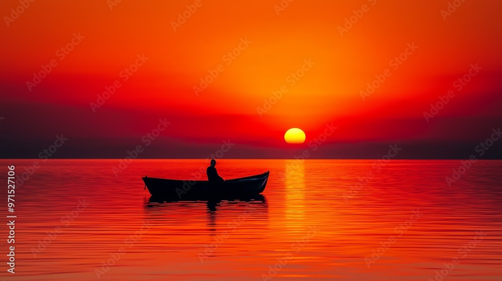 Person in a boat on a body of water Sun setting behind, casting orange and pink hues over the water's surface Person in a boat on a body of water Sun setting behind, casting orange and pink hues over the water's surface