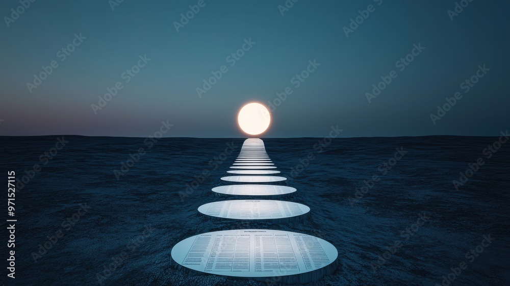 A path of stepping stones made from calendar pages leading toward a glowing clock in the distance, the steps to success through timely completion