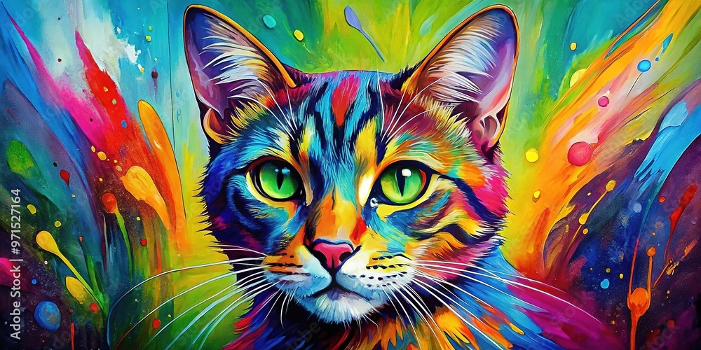 Vibrant abstract artwork featuring bold brushstrokes and bright colors, with a whimsical feline silhouette at its center, conveying playfulness and modernity. Vibrant abstract artwork featuring bold brushstrokes and bright colors, with a whimsical feline silhouette at its center, conveying playfulness and modernity.