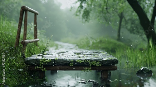  A stone bench sits in a forest, near a body of water Grass covers its surface photo