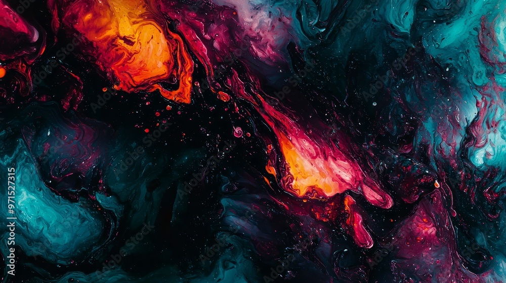  An abstract painting in red, blue, and green hues, featuring water droplets at its base