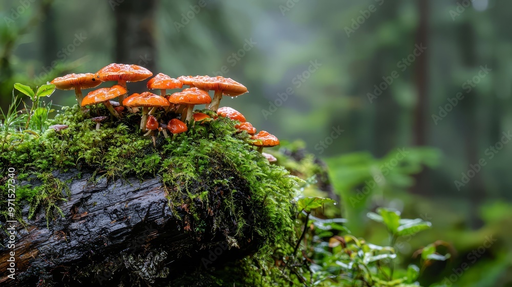 A group of orange mushrooms sits atop a moss-covered log in a verdant forest A group of orange mushrooms sits atop a moss-covered log in a verdant forest