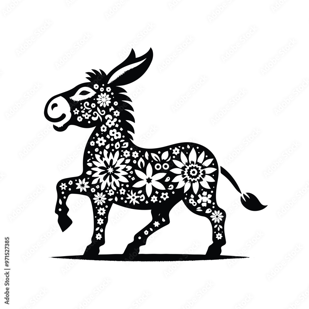 Donkey in folk art black and white silhouette illustration Donkey in folk art black and white silhouette illustration