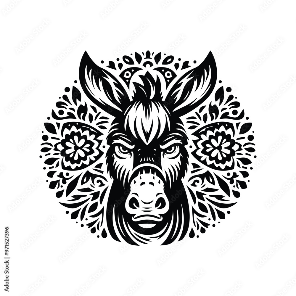 Donkey in folk art black and white silhouette illustration Donkey in folk art black and white silhouette illustration