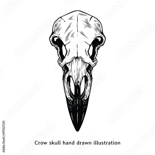Crow skull illustration. Vintage crow skull hand drawn illustration in engraving style