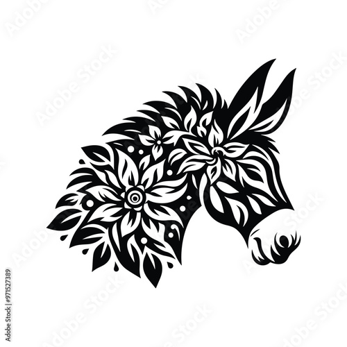 Donkey in folk art black and white silhouette illustration