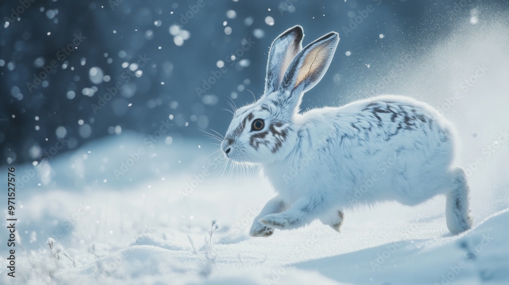 Obraz premium White Snowshoe Hare Leaping Through Snowy Landscape