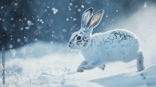 White Snowshoe Hare Leaping Through Snowy Landscape