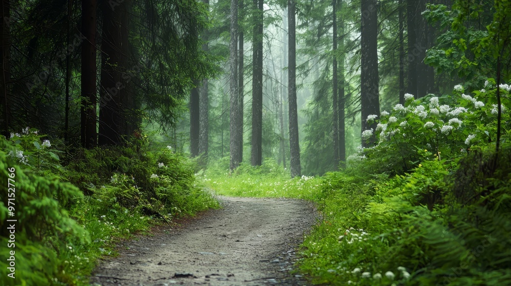 Fototapeta premium A dirt path, bordered by abundant trees and blooming flowers, winds through a dense forest