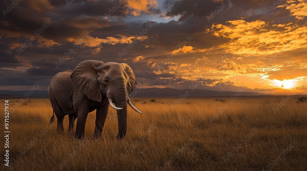 Obraz premium An elephant stands in a field, surrounded by clouds in the sky, as the sun sets behind