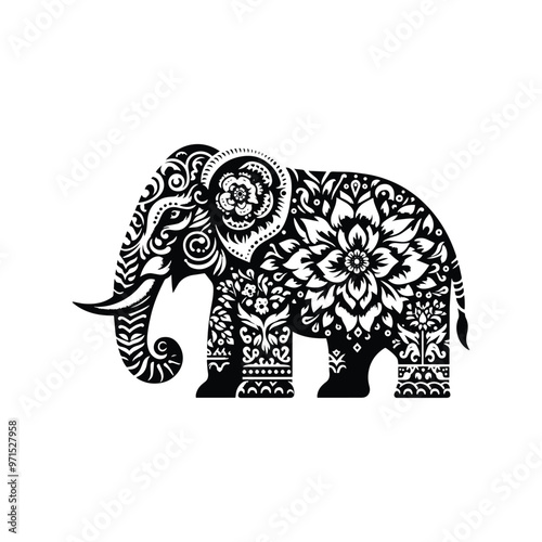 Elephant in folk art black and white silhouette illustration
