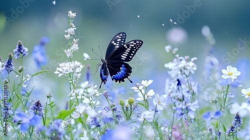  A black-and-blue butterfly perches on a bluebell field , against a blue sky