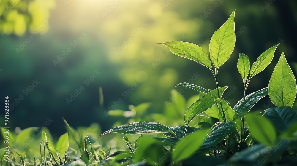 Fototapeta premium A tight shot of a plant amidst a sea of grass Sunlight filters through the foliage of nearby trees in the backdrop