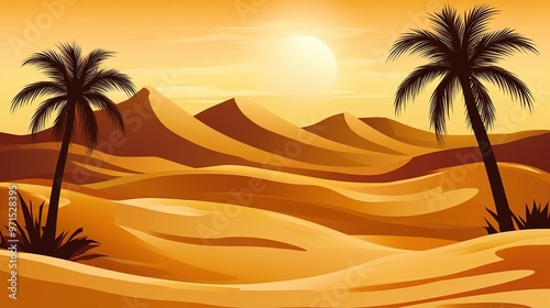 Golden desert landscape at sunset with palm trees and rolling sand dunes highlighting nature's tranquility