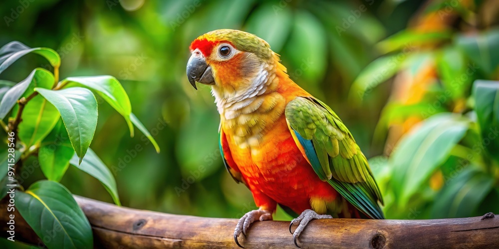 Vibrant cinnamon pineapple green cheek conure perches on a wooden branch, surrounded by lush green leaves, showcasing its bright plumage and vibrant orange beak. Vibrant cinnamon pineapple green cheek conure perches on a wooden branch, surrounded by lush green leaves, showcasing its bright plumage and vibrant orange beak.