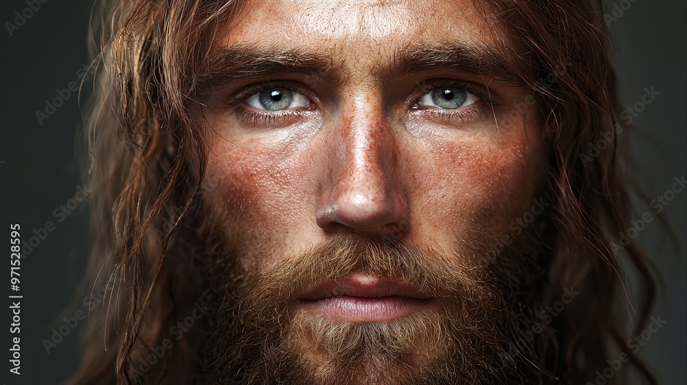 long hair frames his blue eyes, a beard completes the look long hair frames his blue eyes, a beard completes the look