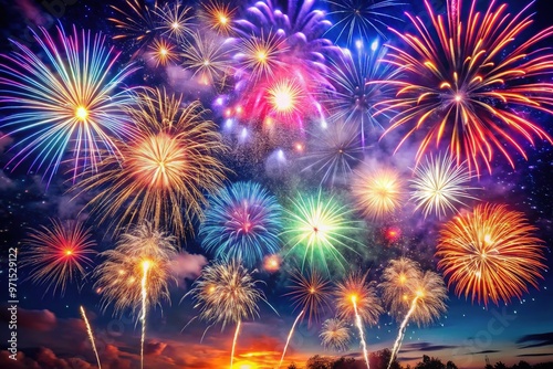 Vibrant, colorful fireworks explosion in night sky, sparkling lights and smoke trails against dark background, capturing joyful atmosphere of festive celebration scenes. photo