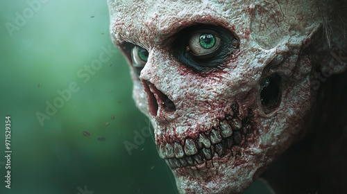  A tight shot of a person's face, displaying unnerving green eyes and an unsettling expression